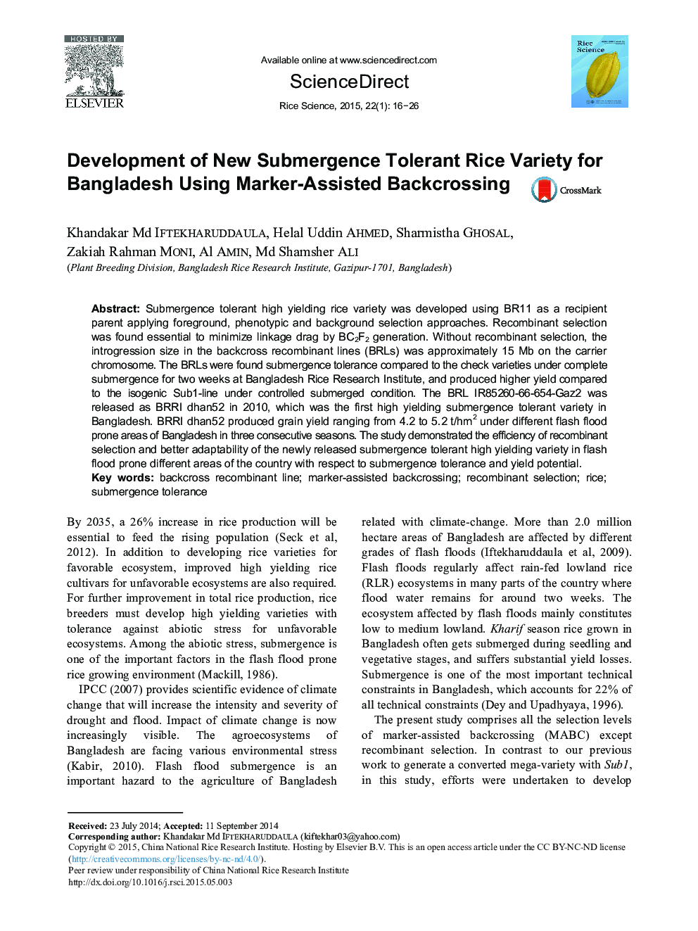 Development of New Submergence Tolerant Rice Variety for Bangladesh Using Marker-Assisted Backcrossing 