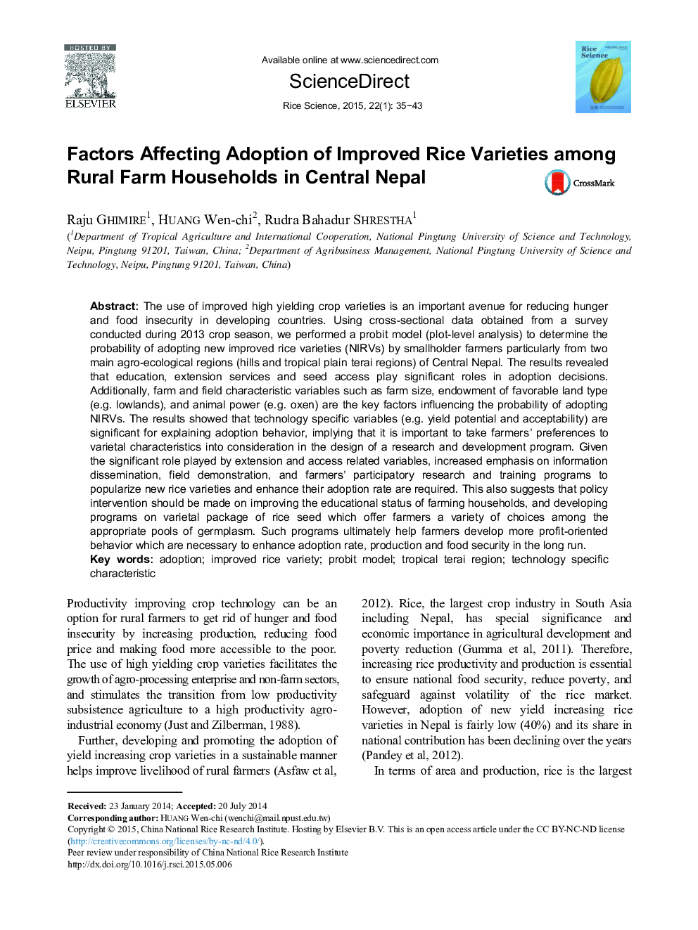 Factors Affecting Adoption of Improved Rice Varieties among Rural Farm Households in Central Nepal 