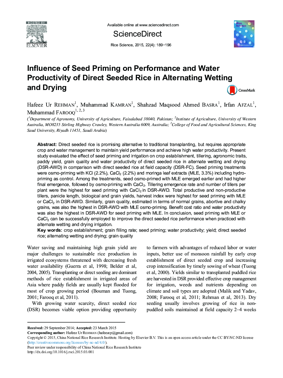 Influence of Seed Priming on Performance and Water Productivity of Direct Seeded Rice in Alternating Wetting and Drying 