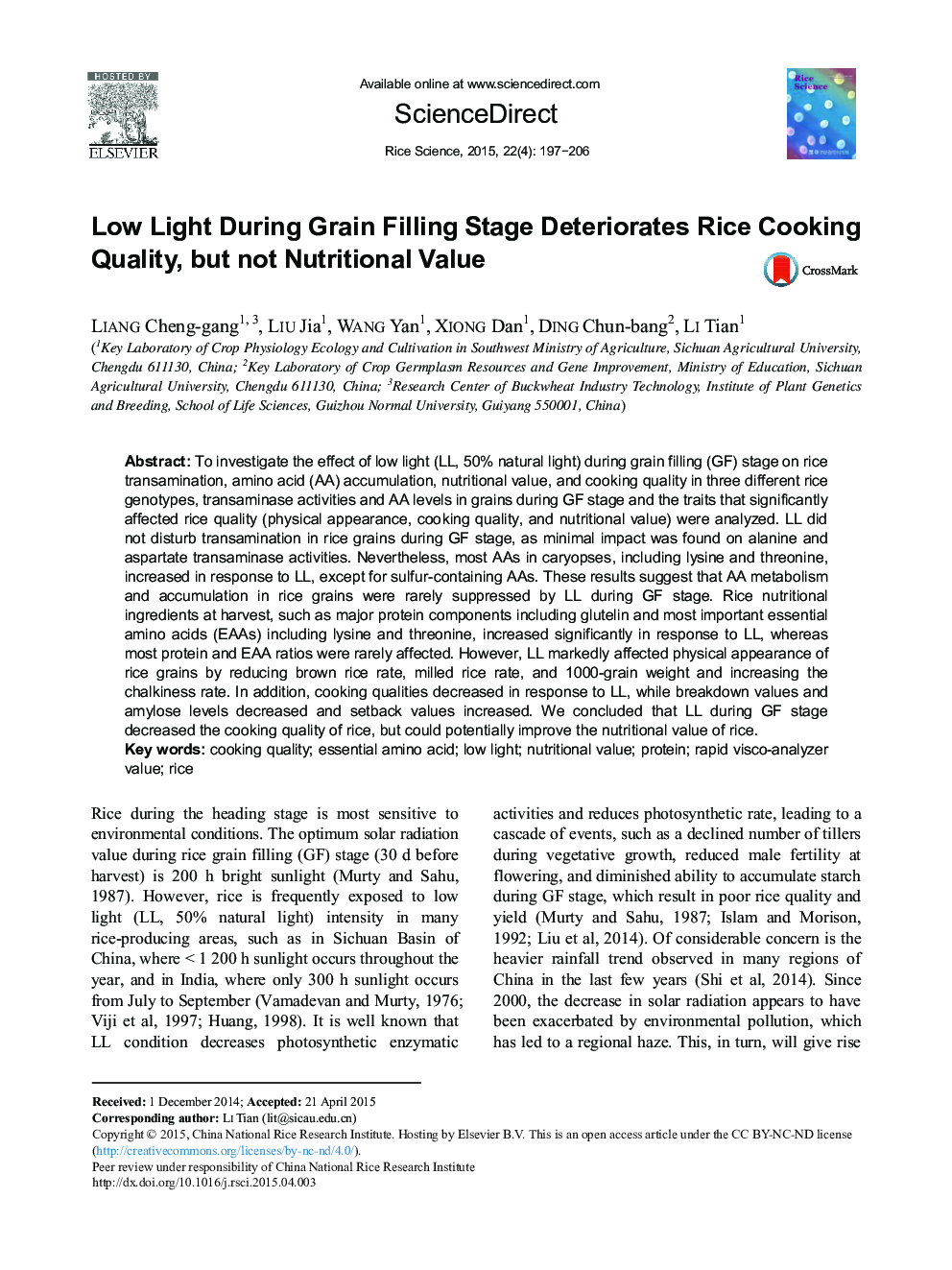 Low Light During Grain Filling Stage Deteriorates Rice Cooking Quality, but not Nutritional Value 