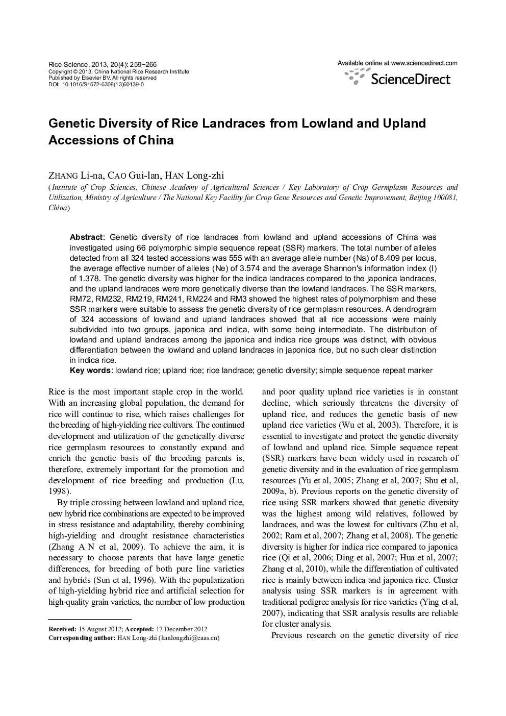 Genetic Diversity of Rice Landraces from Lowland and Upland Accessions of China