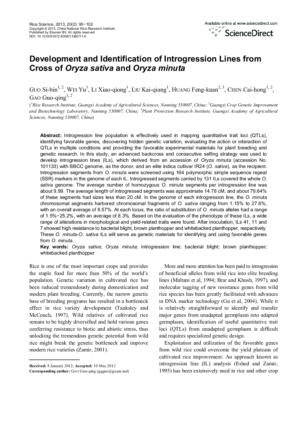 Development and Identification of Introgression Lines from Cross of Oryza sativa and Oryza minuta