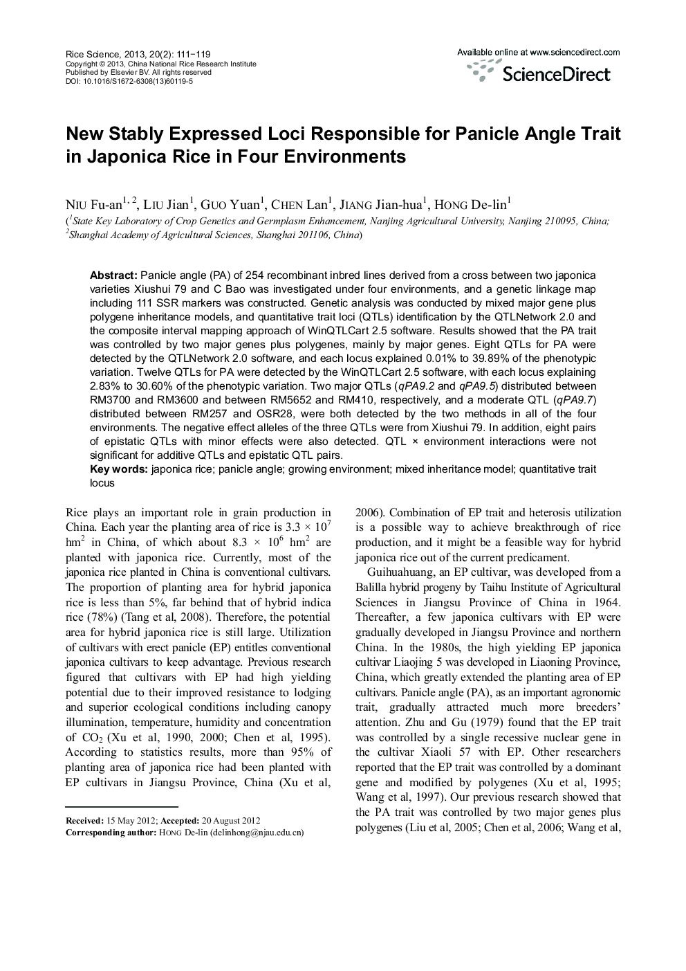 New Stably Expressed Loci Responsible for Panicle Angle Trait in Japonica Rice in Four Environments