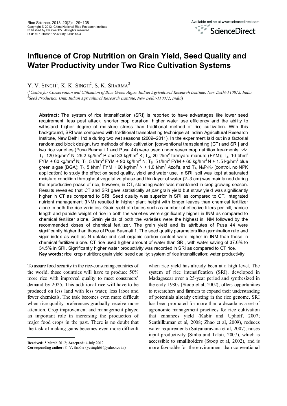 Influence of Crop Nutrition on Grain Yield, Seed Quality and Water Productivity under Two Rice Cultivation Systems