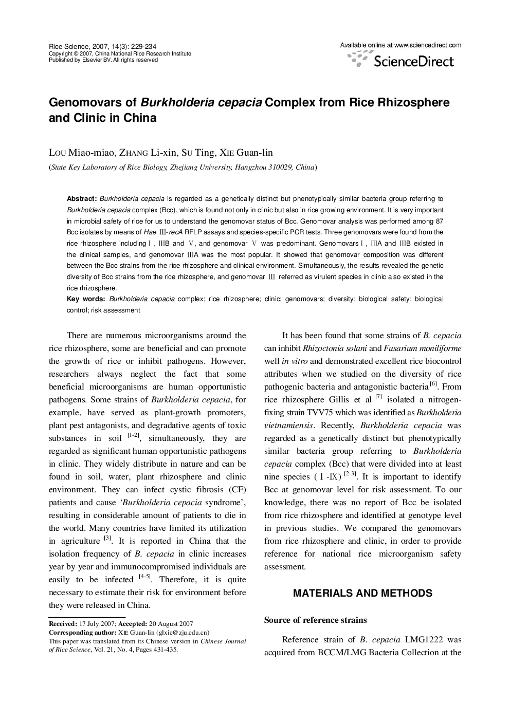 Genomovars of Burkholderia cepacia Complex from Rice Rhizosphere and Clinic in China 