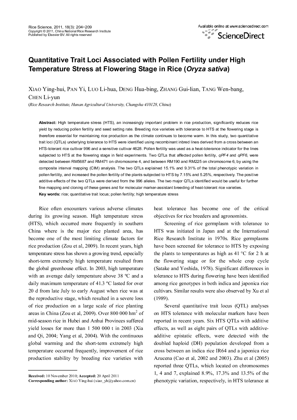 Quantitative Trait Loci Associated with Pollen Fertility under High Temperature Stress at Flowering Stage in Rice (Oryza sativa)