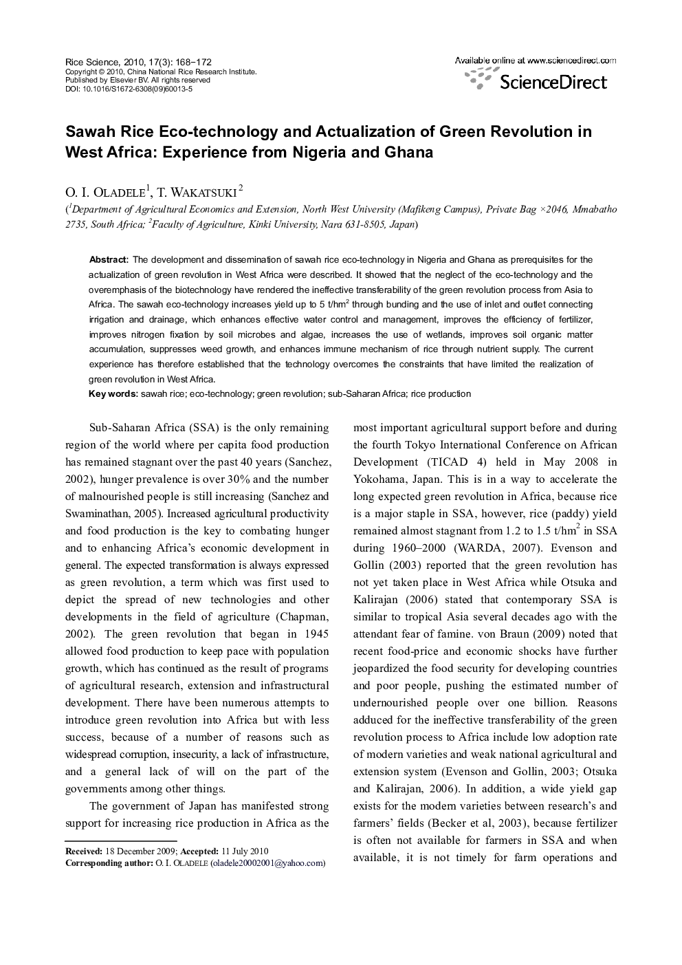 Sawah Rice Eco-technology and Actualization of Green Revolution in West Africa: Experience from Nigeria and Ghana