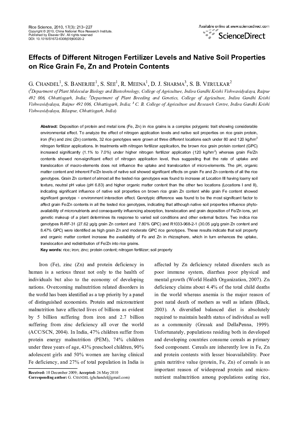 Effects of Different Nitrogen Fertilizer Levels and Native Soil Properties on Rice Grain Fe, Zn and Protein Contents