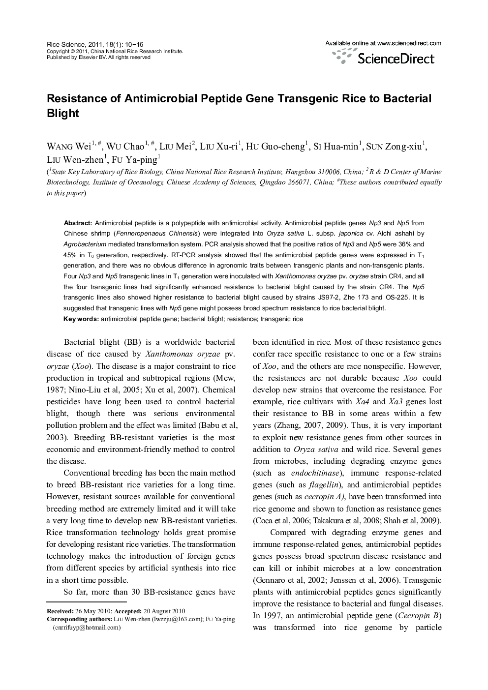 Resistance of Antimicrobial Peptide Gene Transgenic Rice to Bacterial Blight