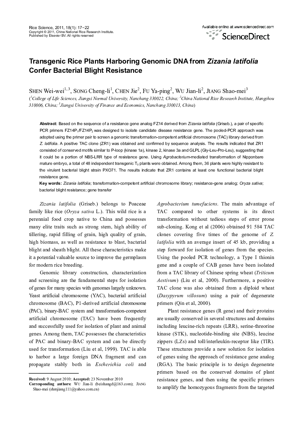 Transgenic Rice Plants Harboring Genomic DNA from Zizania latifolia Confer Bacterial Blight Resistance