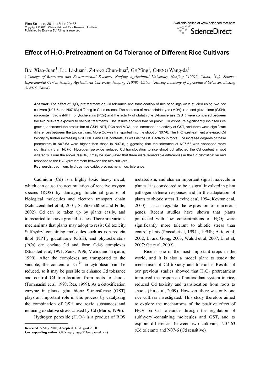 Effect of H2O2 Pretreatment on Cd Tolerance of Different Rice Cultivars