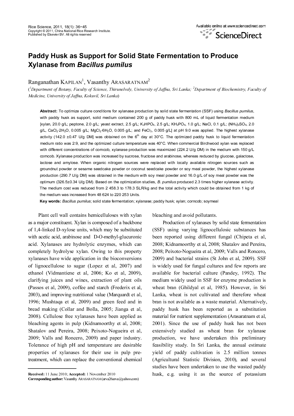 Paddy Husk as Support for Solid State Fermentation to Produce Xylanase from Bacillus pumilus