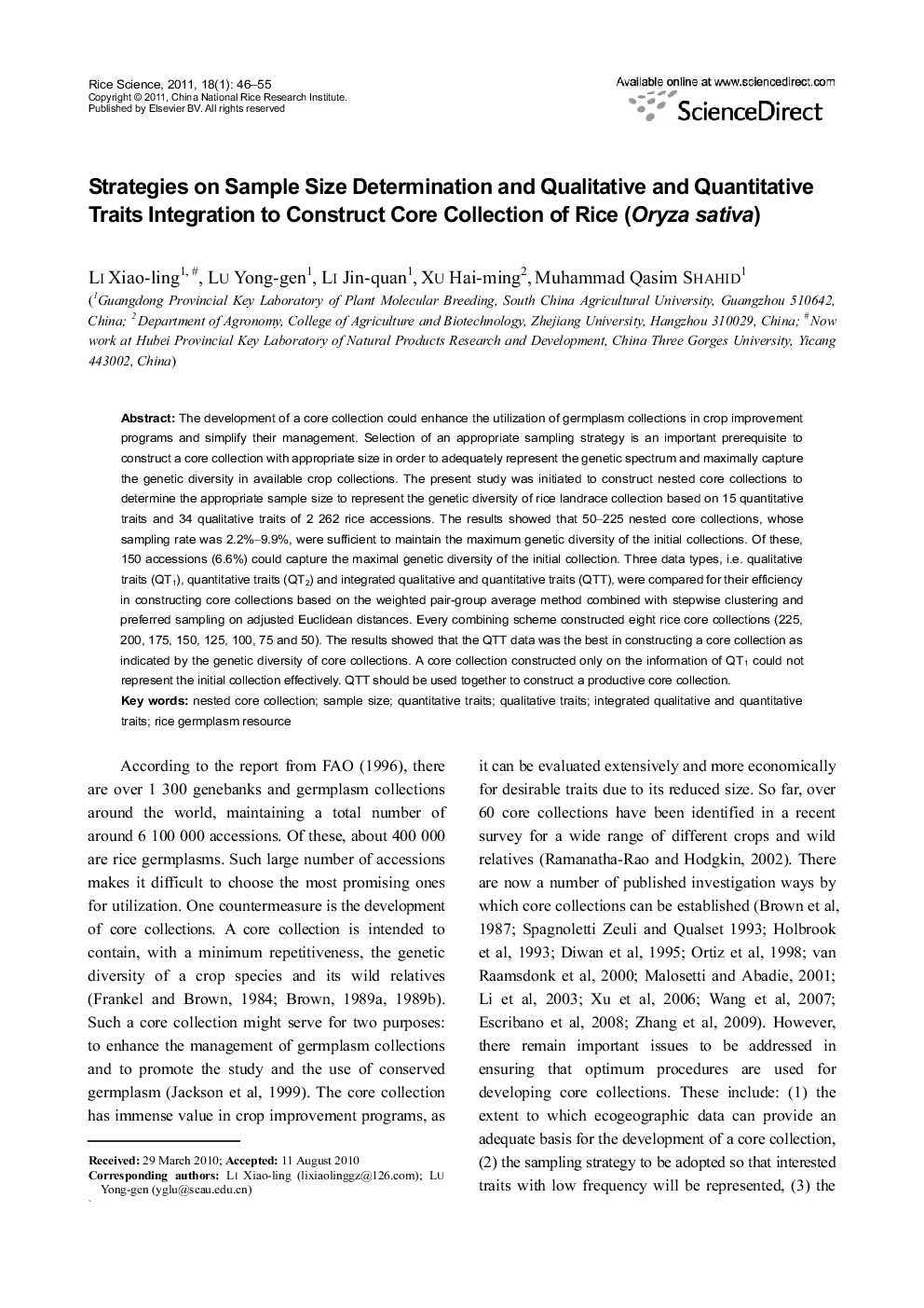 Strategies on Sample Size Determination and Qualitative and Quantitative Traits Integration to Construct Core Collection of Rice (Oryza sativa)