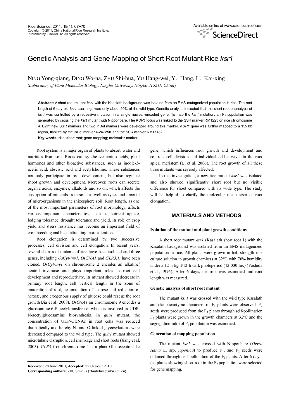 Genetic Analysis and Gene Mapping of Short Root Mutant Rice ksr1