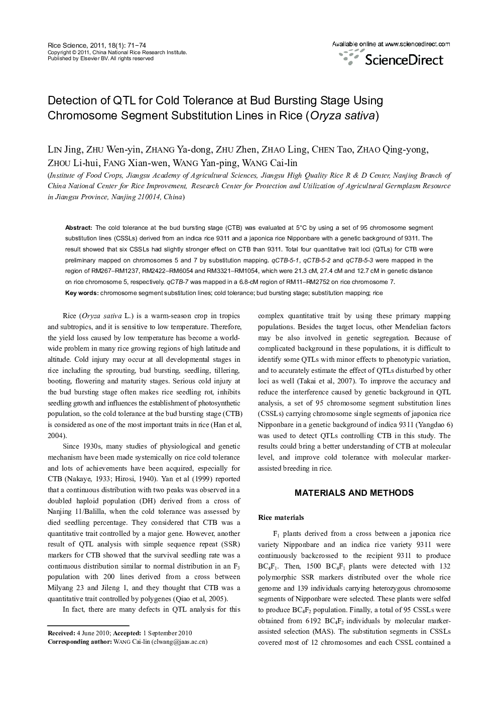 Detection of QTL for Cold Tolerance at Bud Bursting Stage Using Chromosome Segment Substitution Lines in Rice (Oryza sativa)