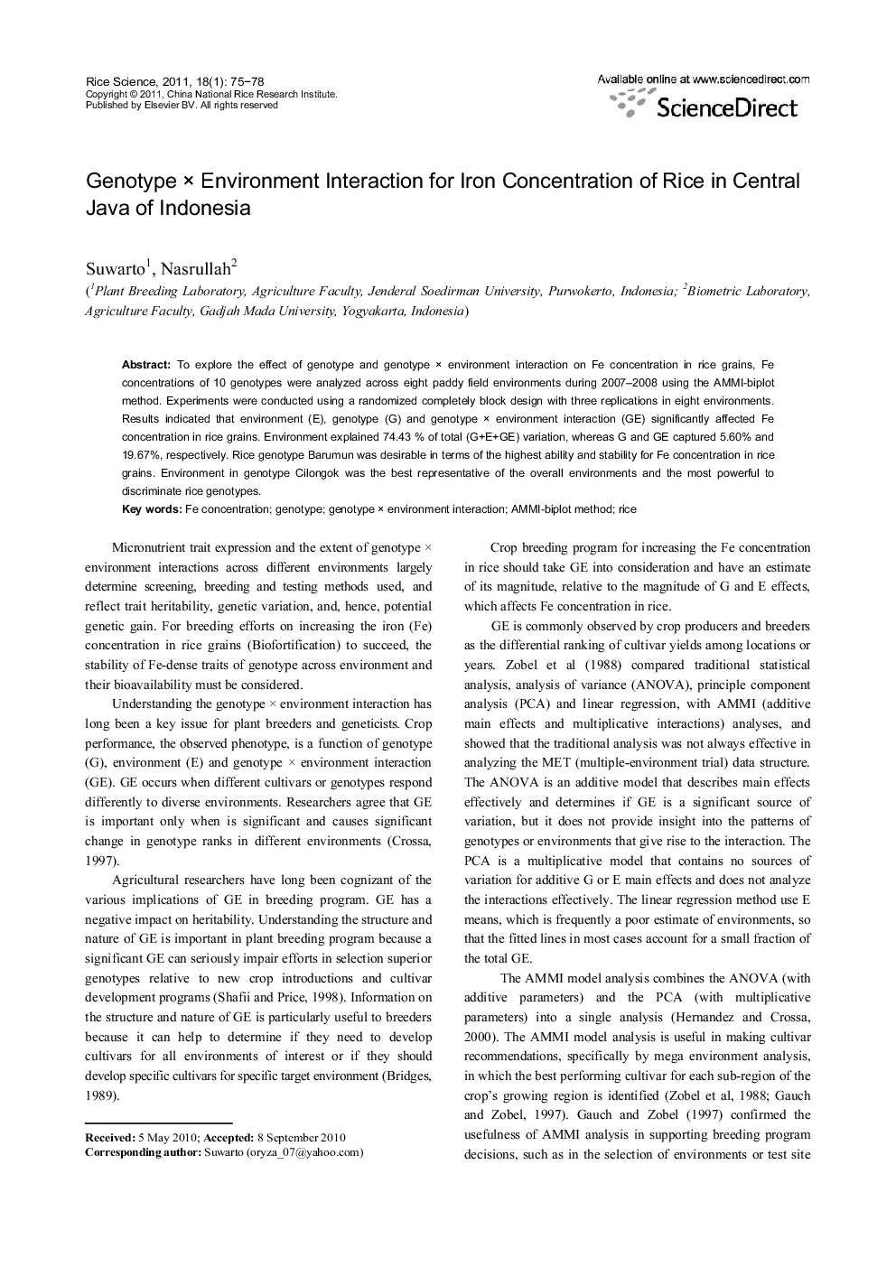 Genotype × Environment Interaction for Iron Concentration of Rice in Central Java of Indonesia