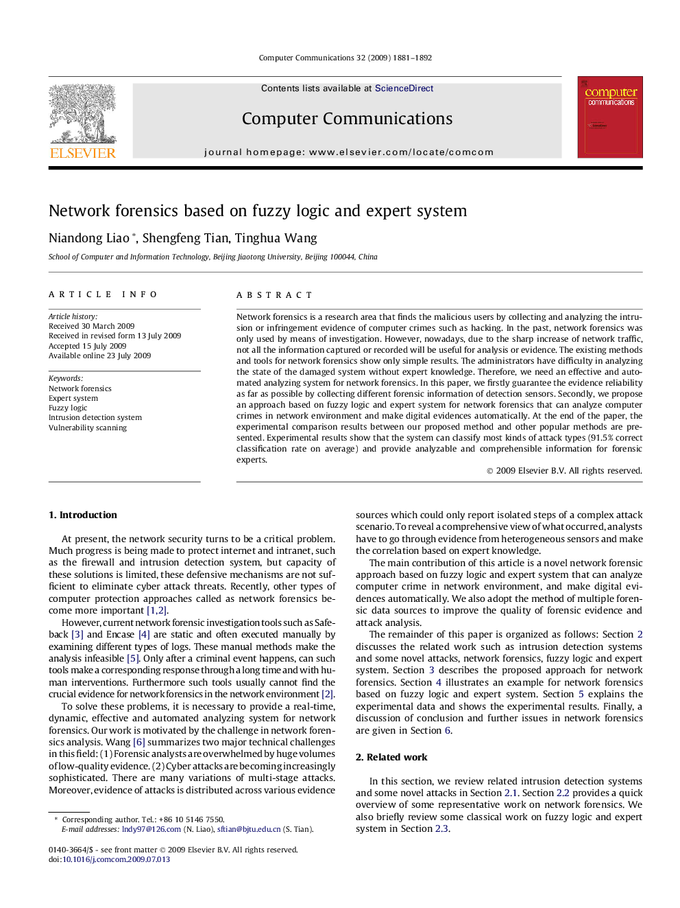 Network forensics based on fuzzy logic and expert system