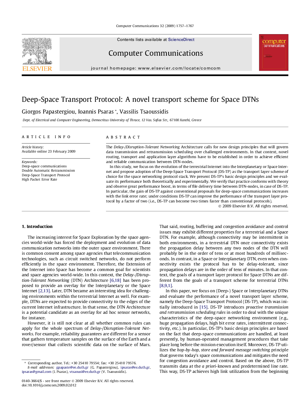 عکس صفحه اول مقاله: Deep-Space Transport Protocol: A novel transport scheme for Space DTNs Deep-Space Transport Protocol: A novel transport scheme for Space DTNs