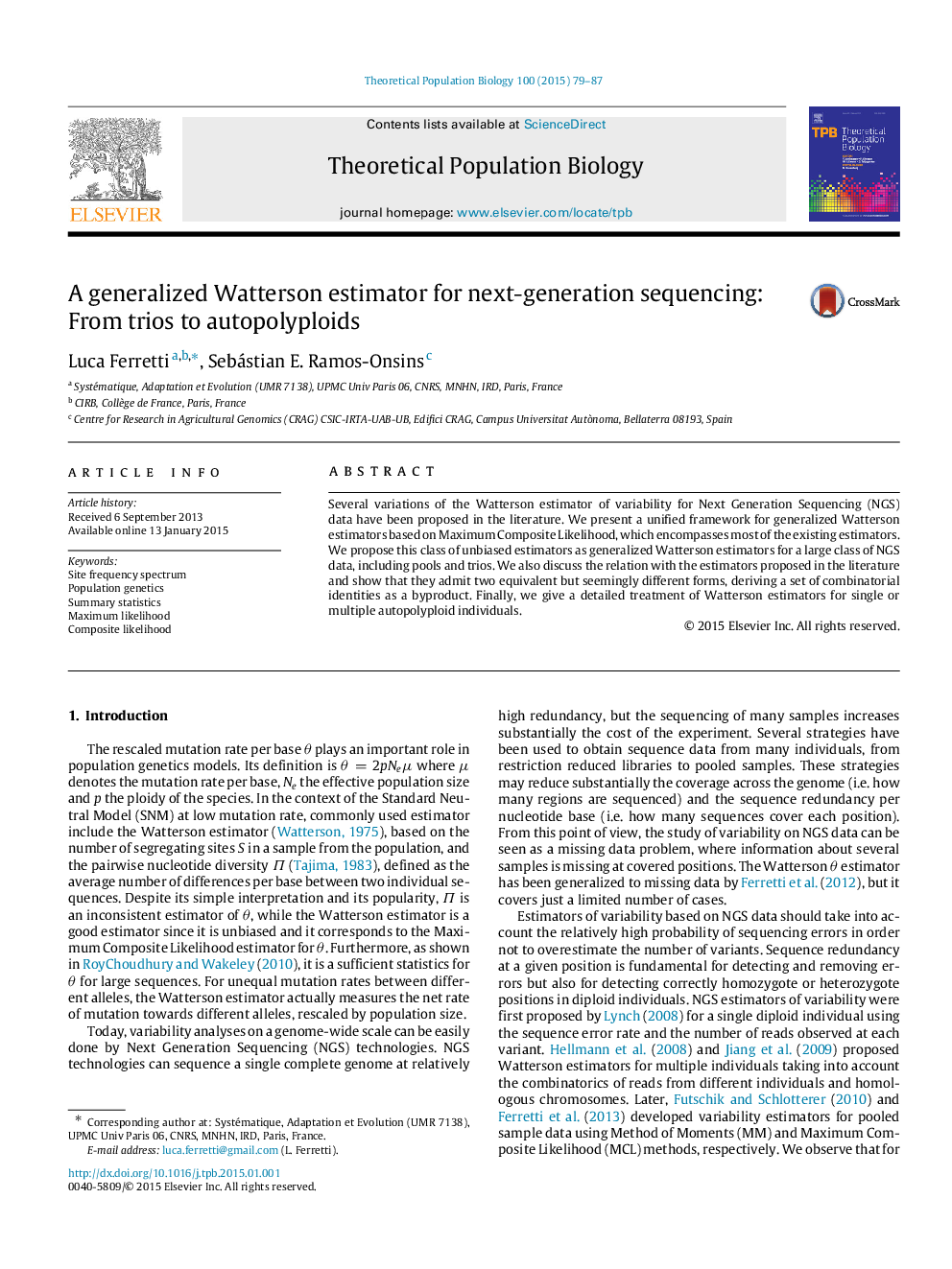 عکس صفحه اول مقاله: A generalized Watterson estimator for next-generation sequencing: From trios to autopolyploids A generalized Watterson estimator for next-generation sequencing: From trios to autopolyploids