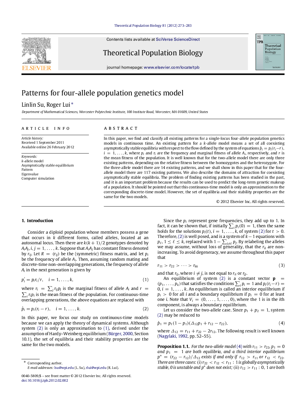 Patterns for four-allele population genetics model