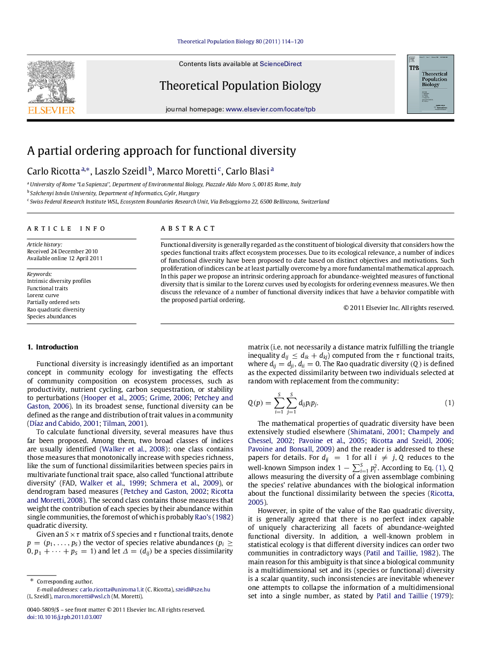 A partial ordering approach for functional diversity