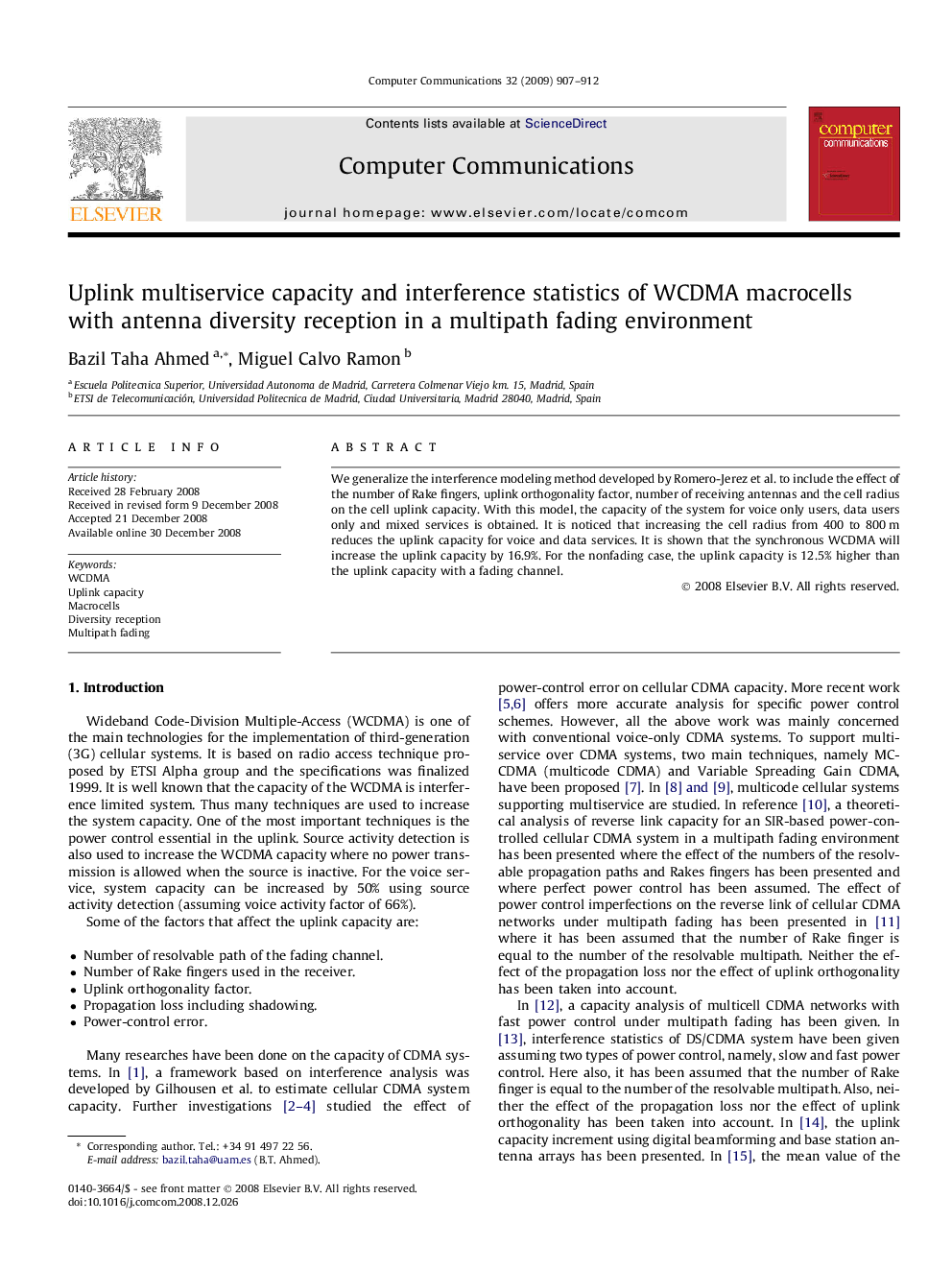 Uplink multiservice capacity and interference statistics of WCDMA macrocells with antenna diversity reception in a multipath fading environment