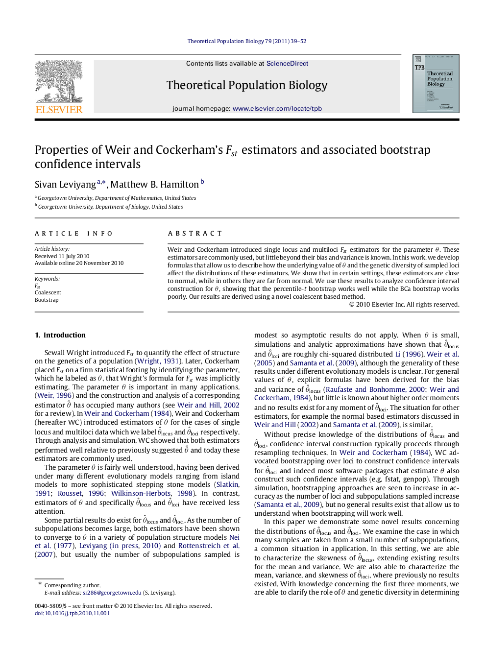 عکس صفحه اول مقاله: Properties of Weir and Cockerham’s FstFst estimators and associated bootstrap confidence intervals Properties of Weir and Cockerham’s FstFst estimators and associated bootstrap confidence intervals