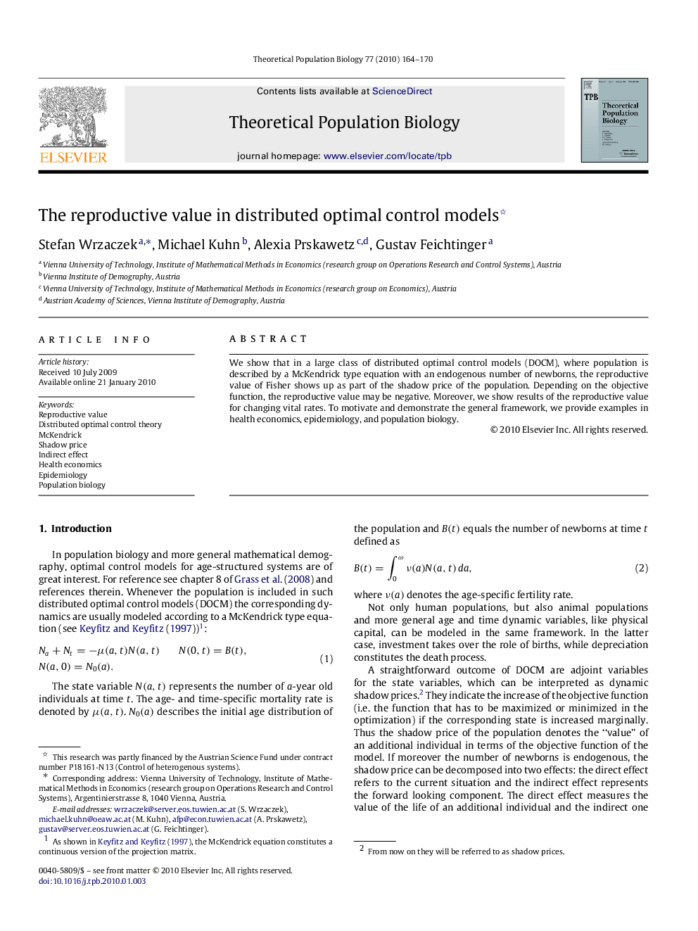 The reproductive value in distributed optimal control models 