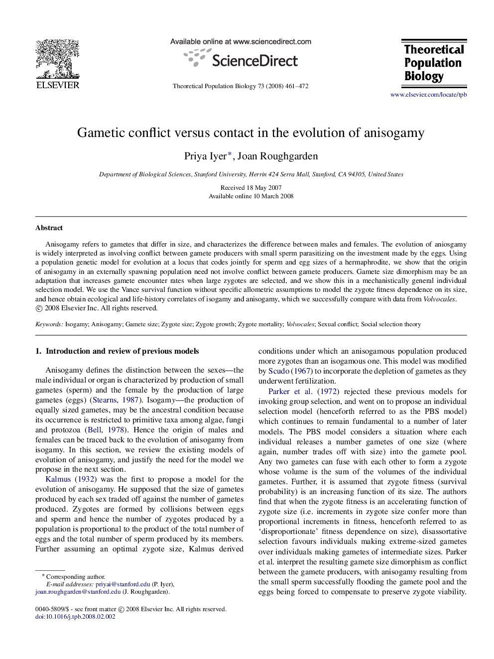 Gametic conflict versus contact in the evolution of anisogamy