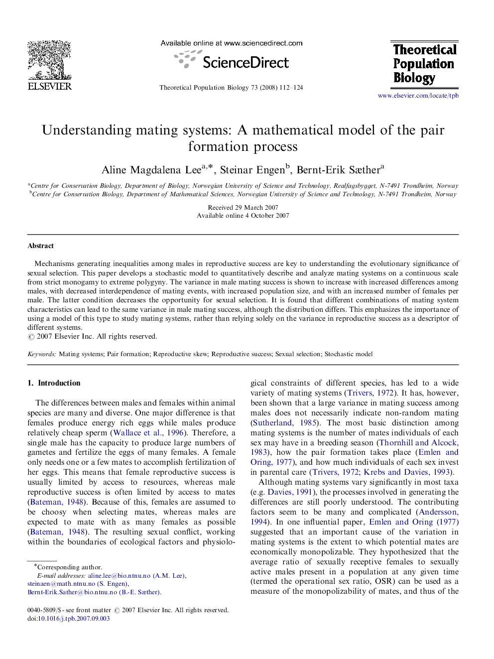 Understanding mating systems: A mathematical model of the pair formation process