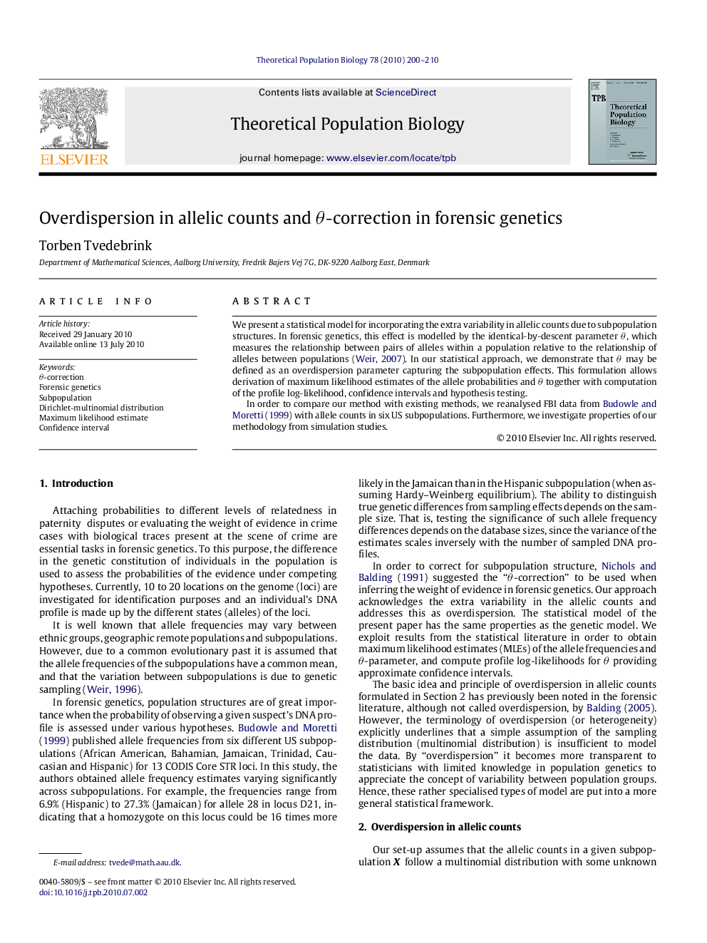 Overdispersion in allelic counts and Î¸-correction in forensic genetics