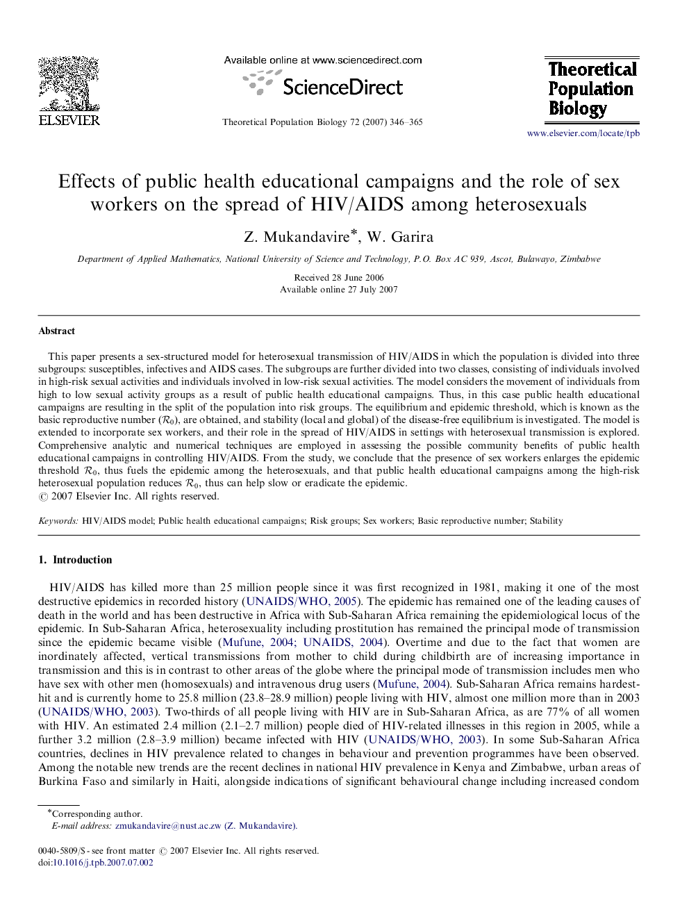 Effects of public health educational campaigns and the role of sex workers on the spread of HIV/AIDS among heterosexuals