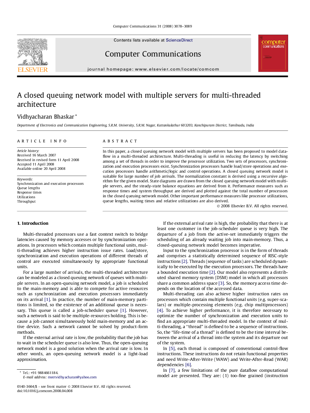 A closed queuing network model with multiple servers for multi-threaded architecture