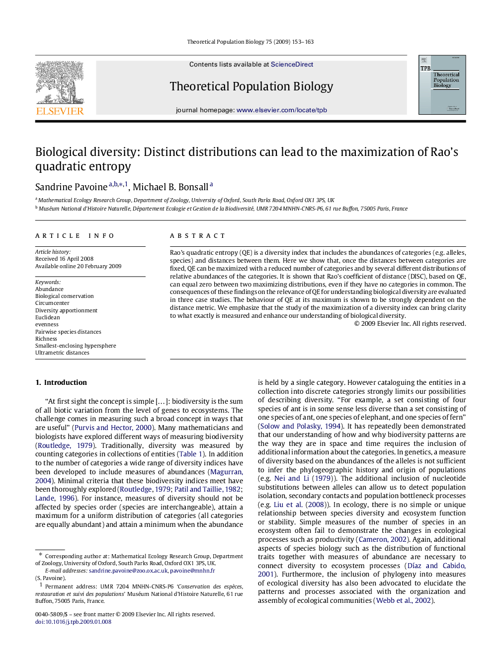 عکس صفحه اول مقاله: Biological diversity: Distinct distributions can lead to the maximization of Rao’s quadratic entropy Biological diversity: Distinct distributions can lead to the maximization of Rao’s quadratic entropy
