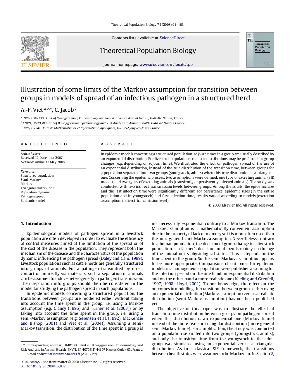 عکس صفحه اول مقاله: Illustration of some limits of the Markov assumption for transition between groups in models of spread of an infectious pathogen in a structured herd Illustration of some limits of the Markov assumption for transition between groups in models of spread of an infectious pathogen in a structured herd