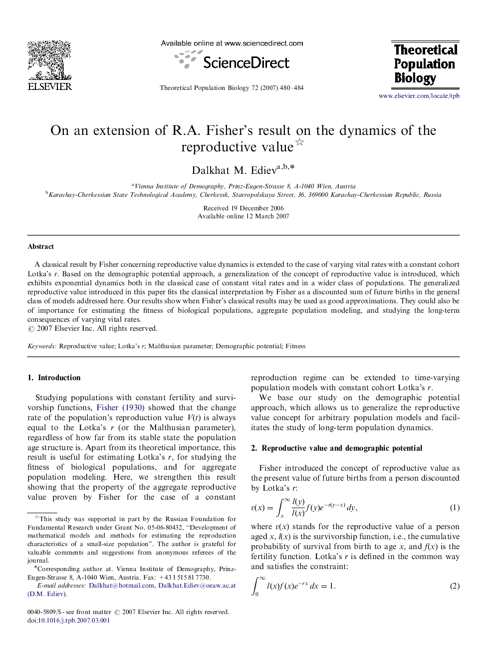 On an extension of R.A. Fisher's result on the dynamics of the reproductive value