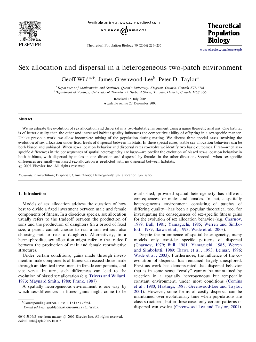 Sex allocation and dispersal in a heterogeneous two-patch environment