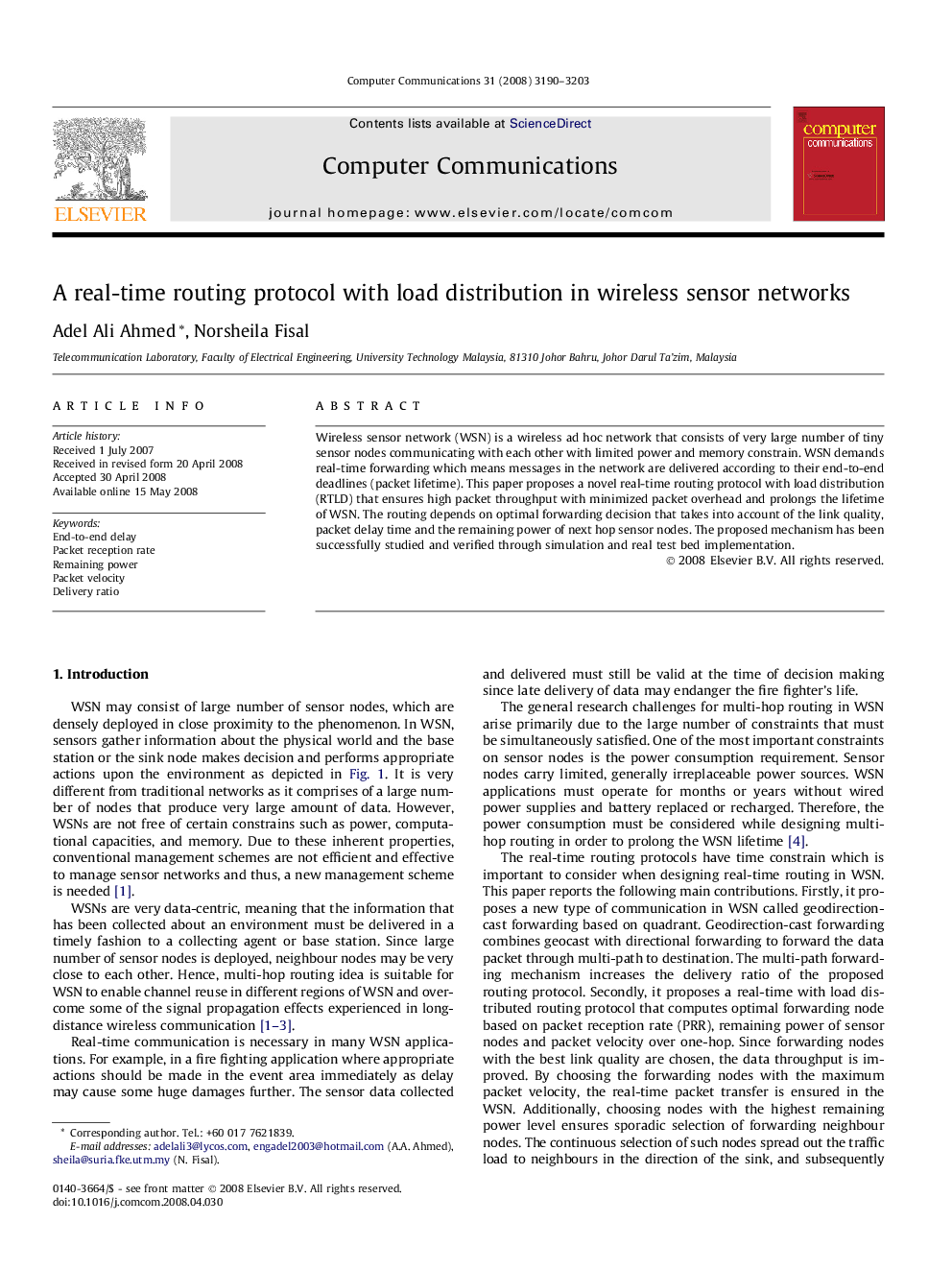 A real-time routing protocol with load distribution in wireless sensor networks