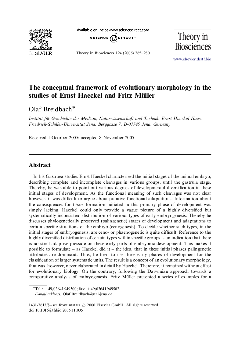 The conceptual framework of evolutionary morphology in the studies of Ernst Haeckel and Fritz Müller