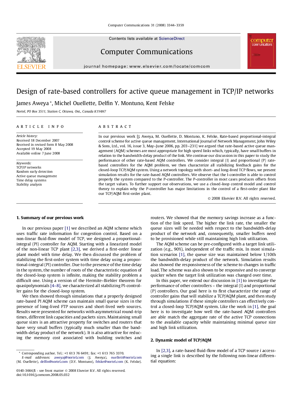 Design of rate-based controllers for active queue management in TCP/IP networks