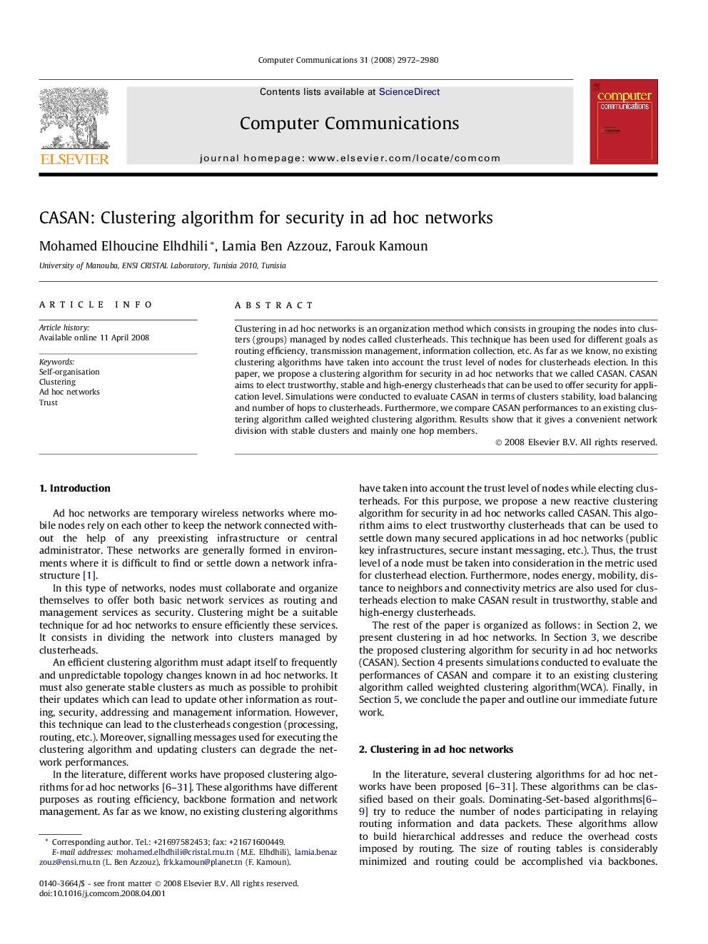 CASAN: Clustering algorithm for security in ad hoc networks