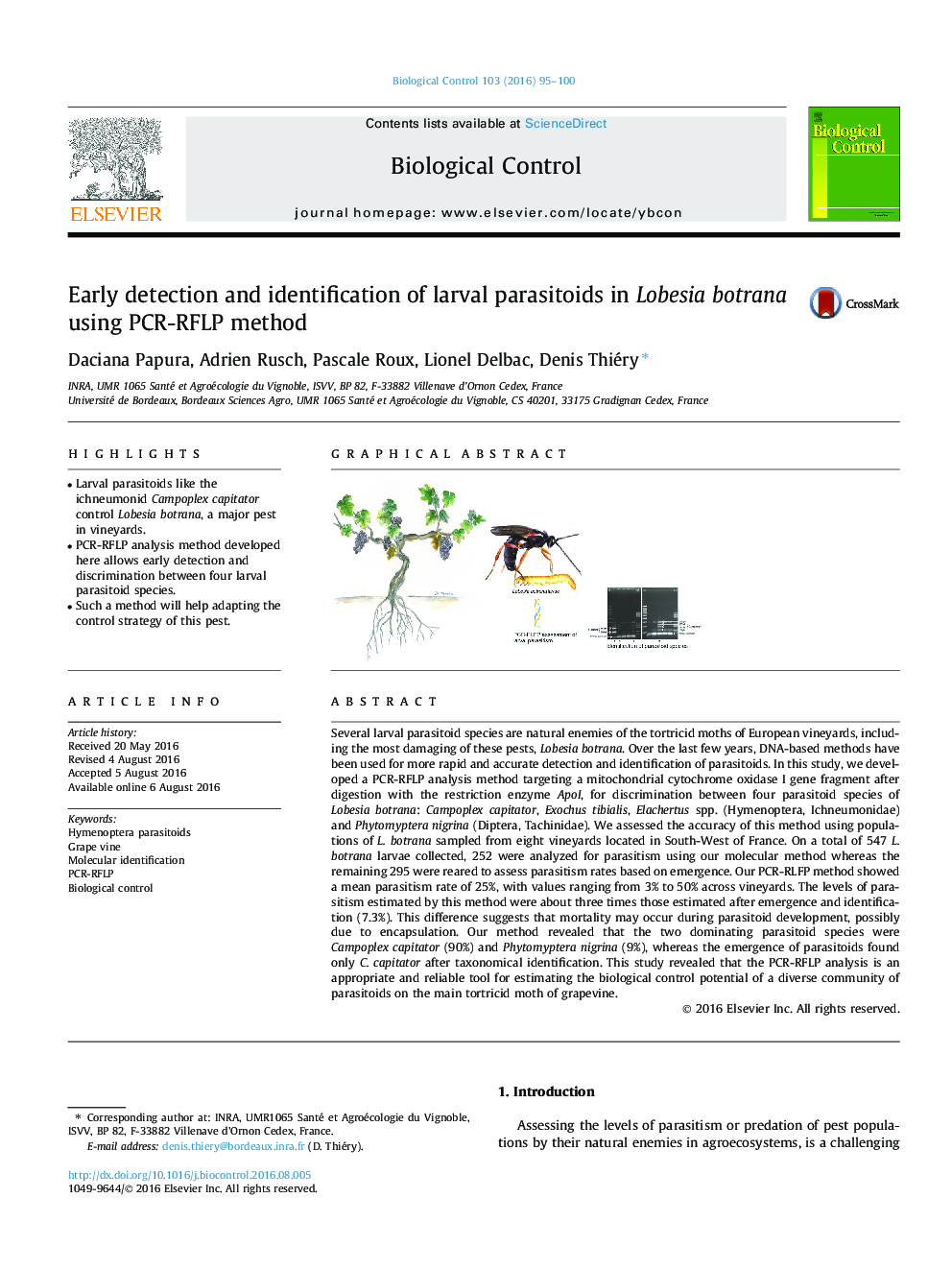 Early detection and identification of larval parasitoids in Lobesia botrana using PCR-RFLP method