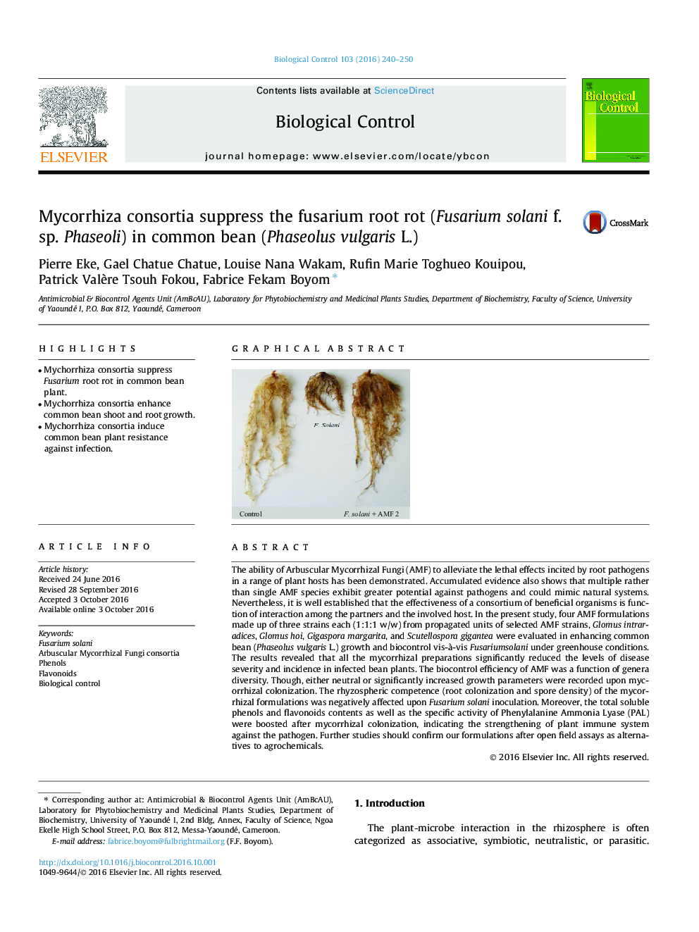 Mycorrhiza consortia suppress the fusarium root rot (Fusarium solani f. sp. Phaseoli) in common bean (Phaseolus vulgaris L.)