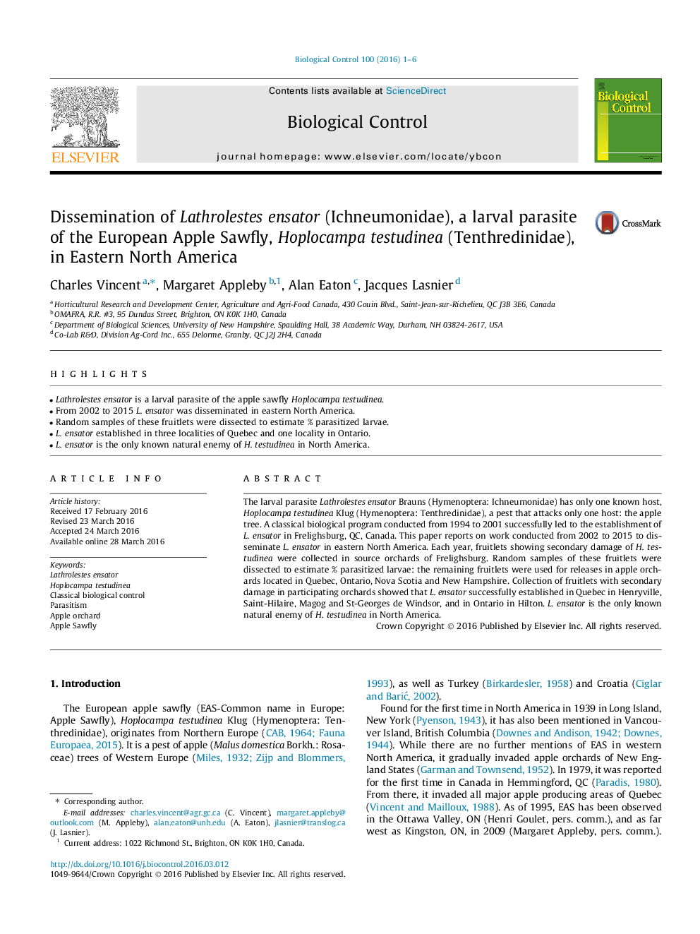 Dissemination of Lathrolestes ensator (Ichneumonidae), a larval parasite of the European Apple Sawfly, Hoplocampa testudinea (Tenthredinidae), in Eastern North America