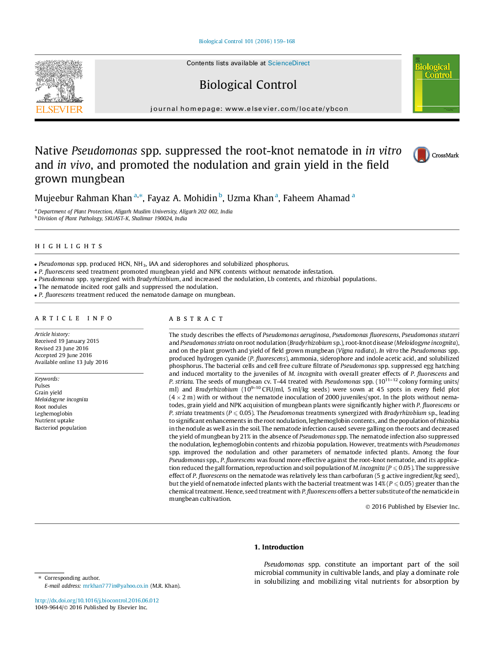 Native Pseudomonas spp. suppressed the root-knot nematode in in vitro and in vivo, and promoted the nodulation and grain yield in the field grown mungbean