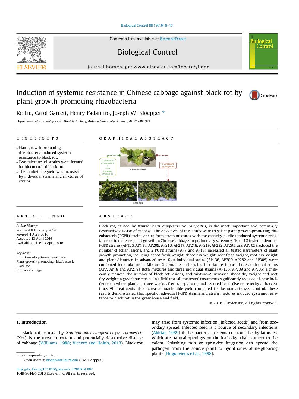 Induction of systemic resistance in Chinese cabbage against black rot by plant growth-promoting rhizobacteria