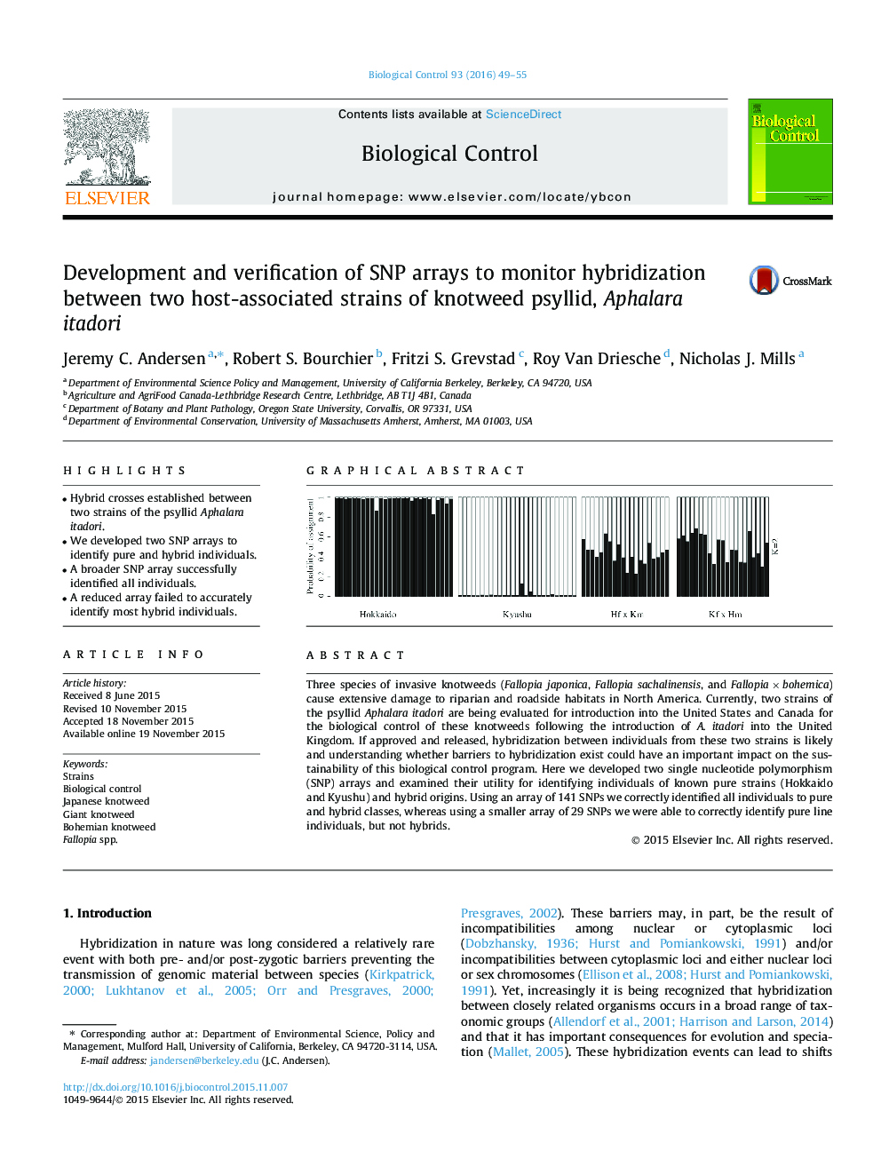 Development and verification of SNP arrays to monitor hybridization between two host-associated strains of knotweed psyllid, Aphalara itadori