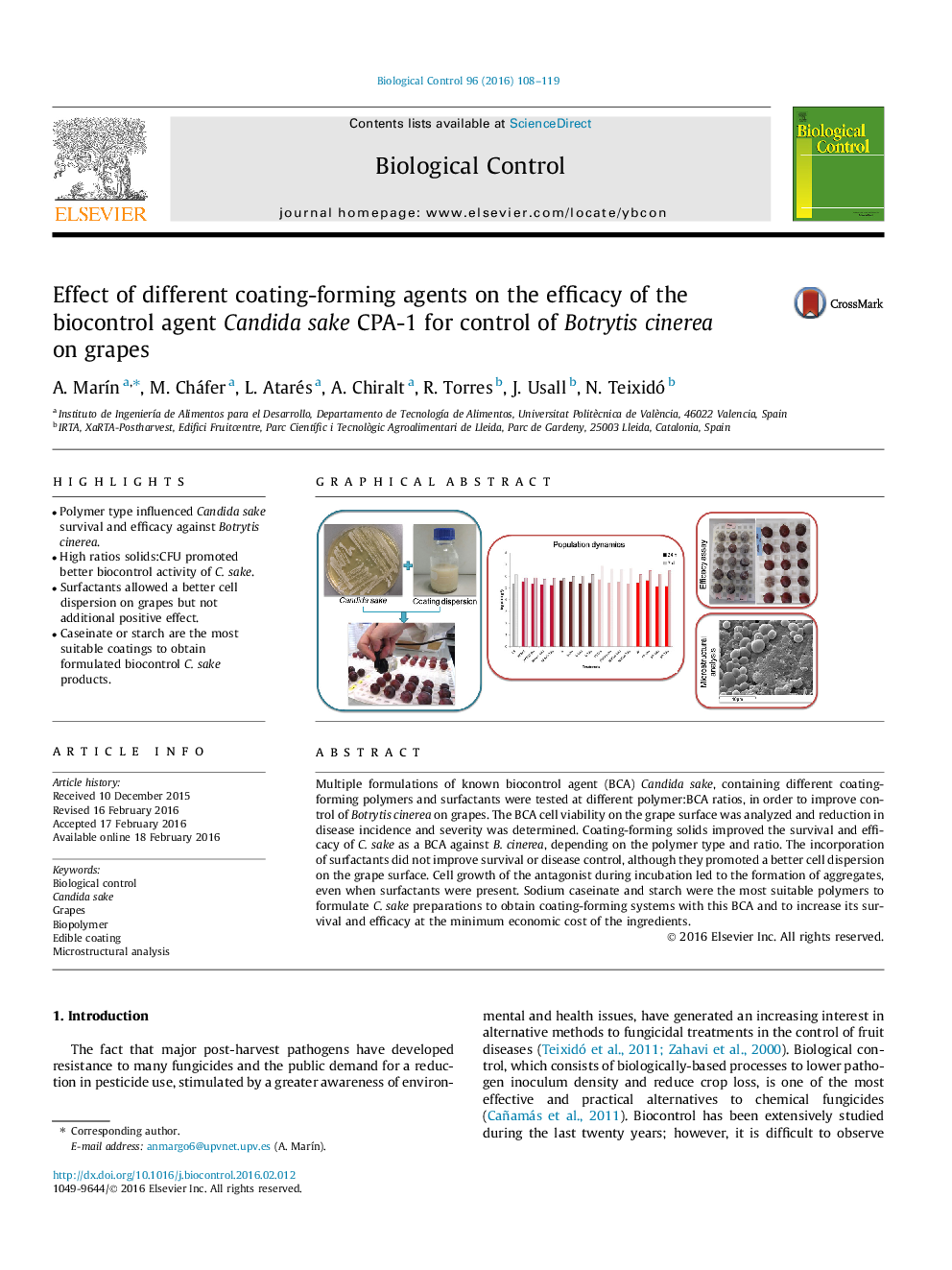 Effect of different coating-forming agents on the efficacy of the biocontrol agent Candida sake CPA-1 for control of Botrytis cinerea on grapes