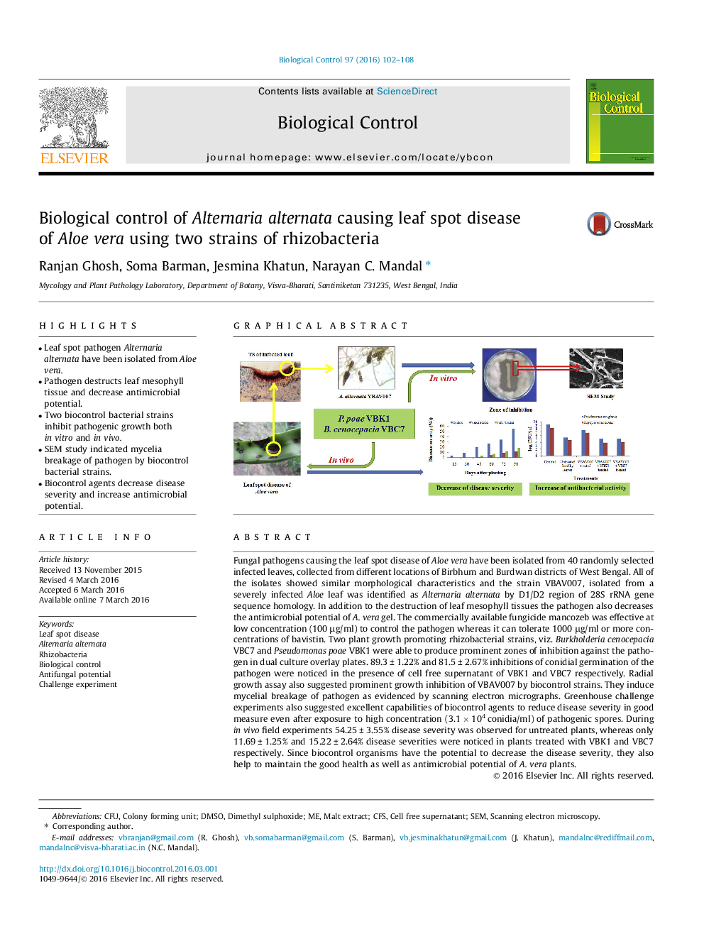 Biological control of Alternaria alternata causing leaf spot disease of Aloe vera using two strains of rhizobacteria