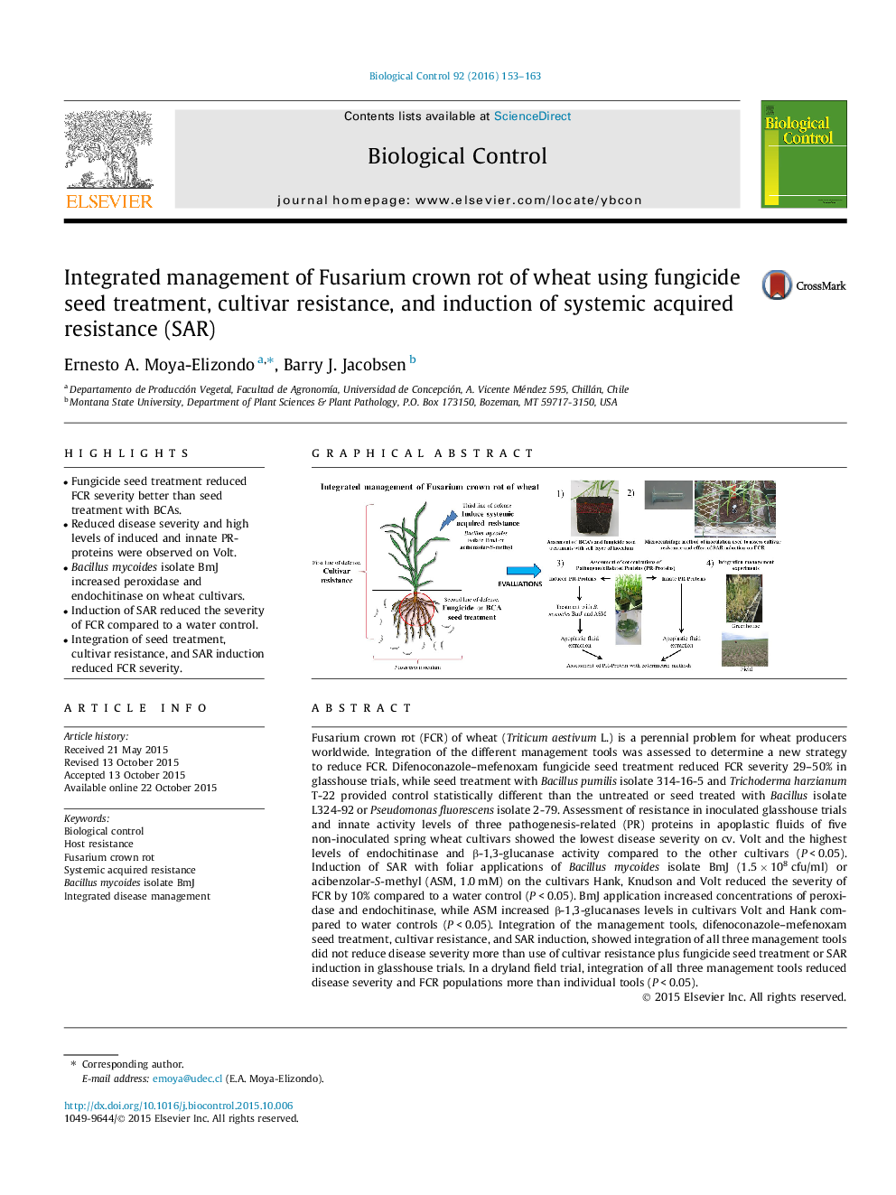 Integrated management of Fusarium crown rot of wheat using fungicide seed treatment, cultivar resistance, and induction of systemic acquired resistance (SAR)